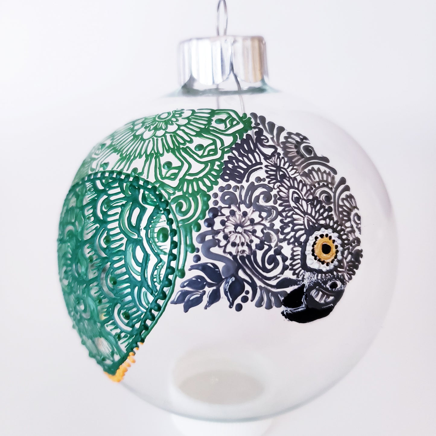 parrot art, hand painted ornaments, henna style painting