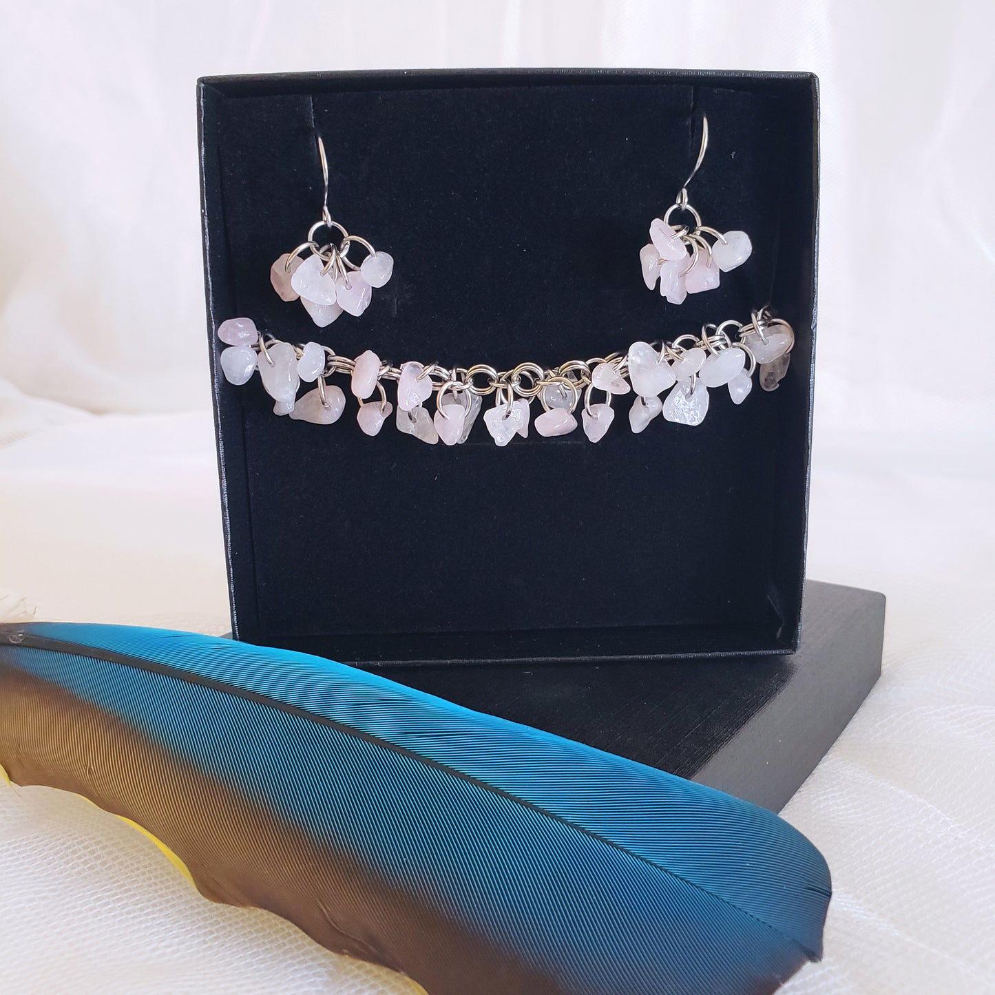 Rose Quartz Shaggy Bracelet & Earrings