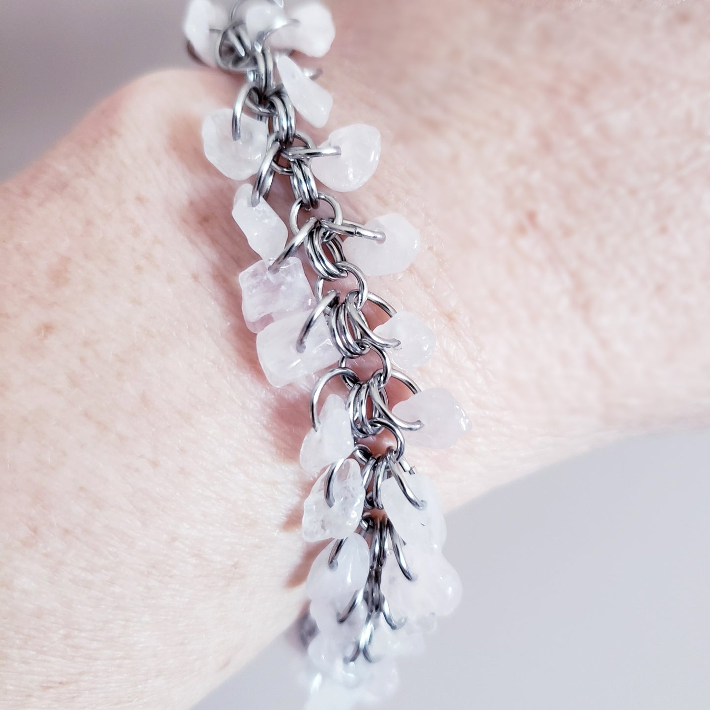 Rose Quartz Shaggy Bracelet & Earrings