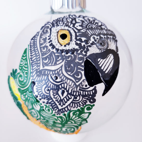 parrot art, hand painted ornaments, henna style painting